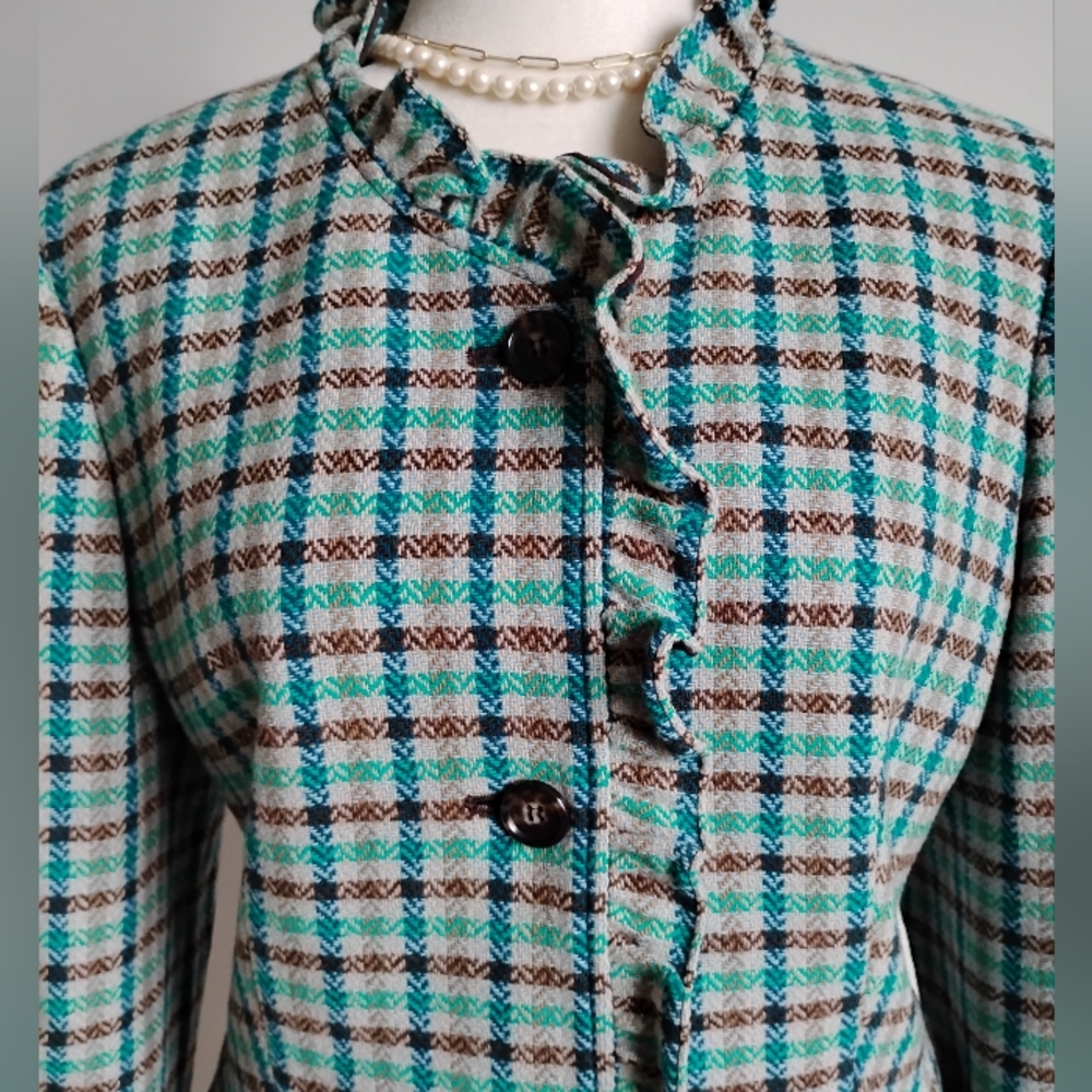 Talbots 100% Wool Ruffle Plaid Jacket Blazer Turquoise Blue Brown Classic Sz 12 - Picture 2 of 16